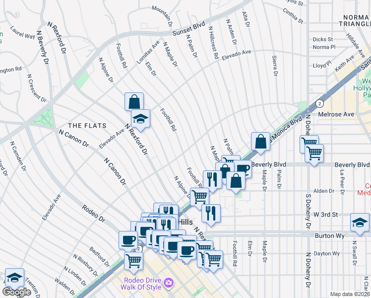 map of restaurants, bars, coffee shops, grocery stores, and more near 605 Foothill Road in Beverly Hills