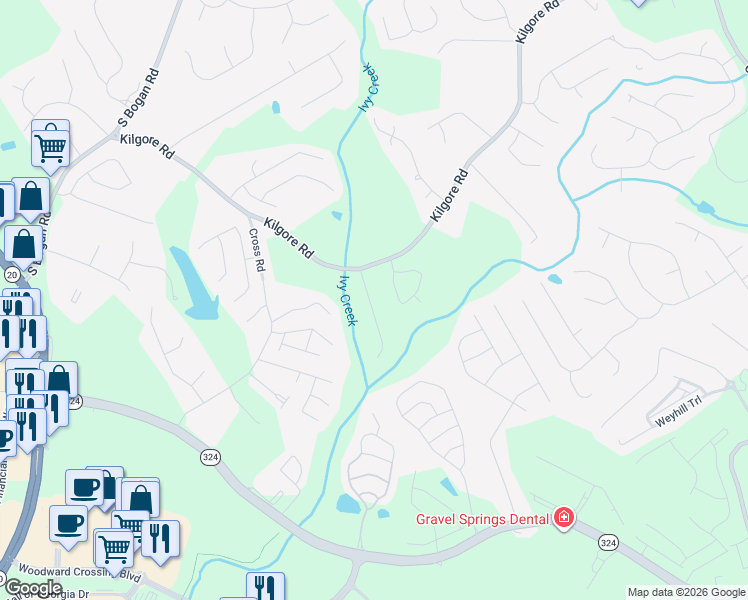 map of restaurants, bars, coffee shops, grocery stores, and more near 3613 Huddlestone Lane Northeast in Buford