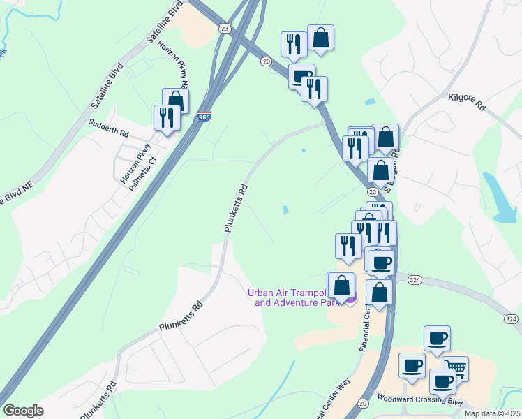 map of restaurants, bars, coffee shops, grocery stores, and more near 3625 Knoll Crest Trail in Buford