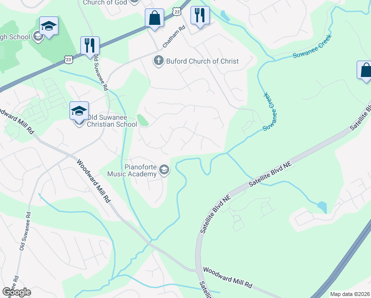 map of restaurants, bars, coffee shops, grocery stores, and more near 881 Creekview Bluff Way in Buford