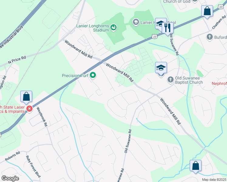 map of restaurants, bars, coffee shops, grocery stores, and more near 0 High Street Northeast in Buford