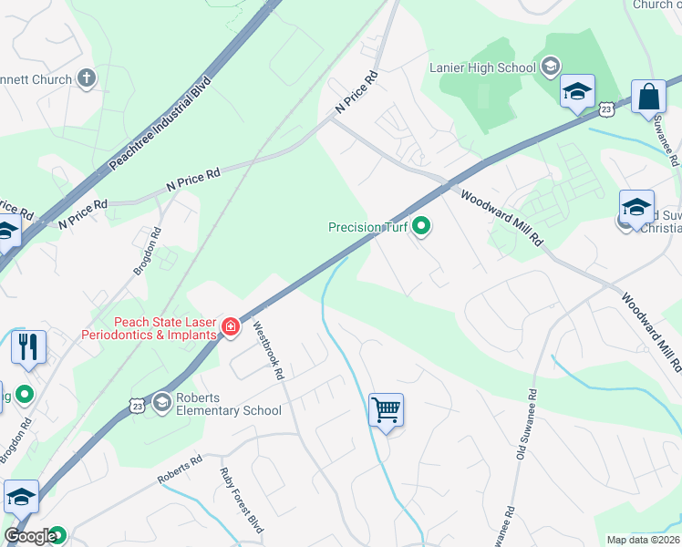 map of restaurants, bars, coffee shops, grocery stores, and more near 543 Buford Highway Northeast in Buford