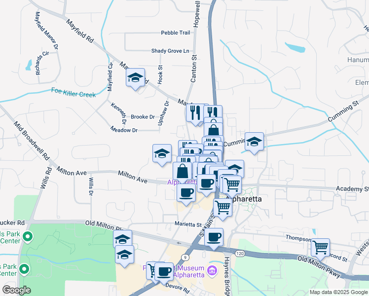 map of restaurants, bars, coffee shops, grocery stores, and more near 540 Rose Garden Lane in Alpharetta