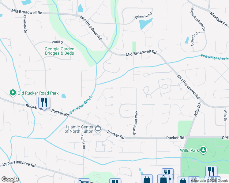 map of restaurants, bars, coffee shops, grocery stores, and more near 1525 Shade Tree Way in Alpharetta