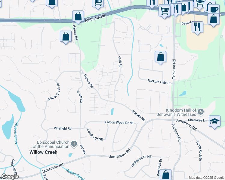 map of restaurants, bars, coffee shops, grocery stores, and more near 548 West Oaks Drive in Woodstock