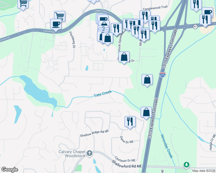map of restaurants, bars, coffee shops, grocery stores, and more near 1810 Yorkshire Drive in Woodstock