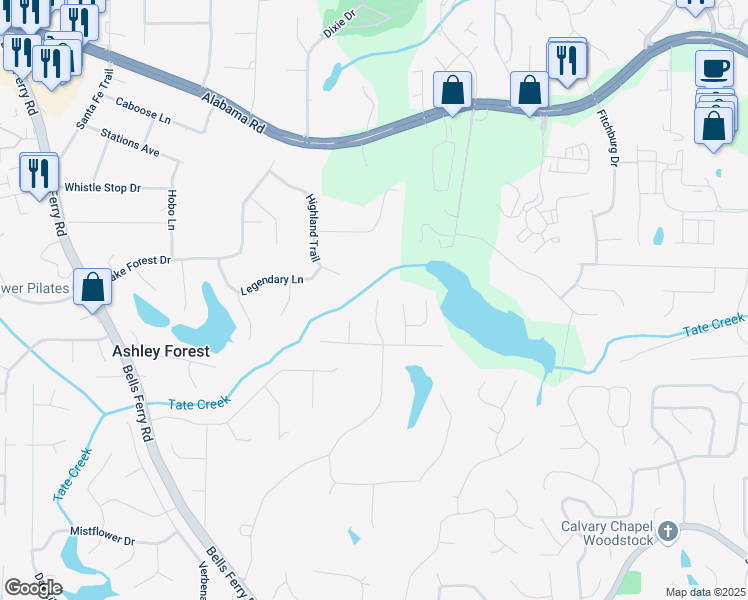 map of restaurants, bars, coffee shops, grocery stores, and more near John Tate Road in Cherokee County