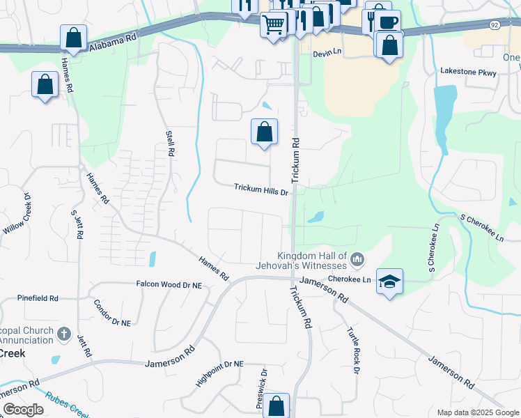 map of restaurants, bars, coffee shops, grocery stores, and more near 148 Sierra Circle in Woodstock