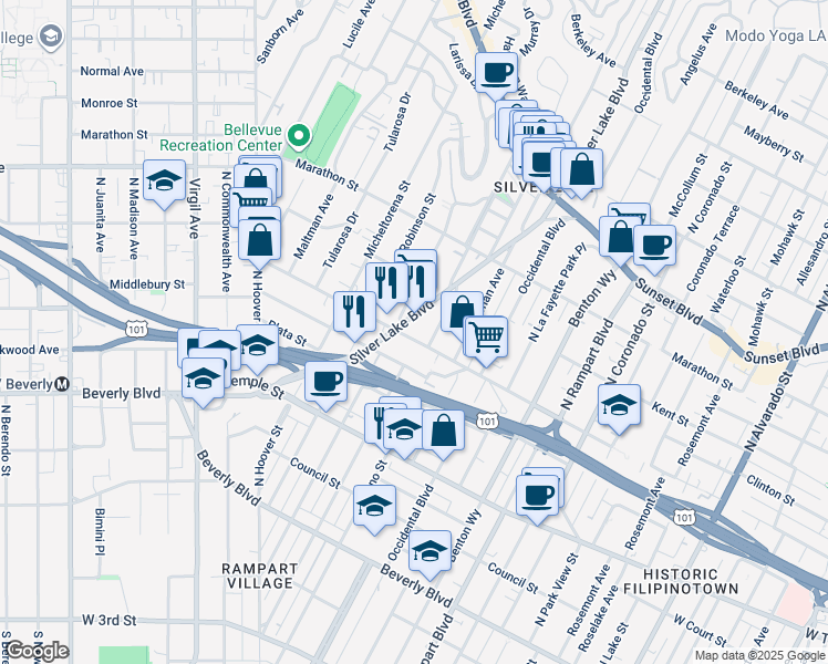 map of restaurants, bars, coffee shops, grocery stores, and more near 3105 Bellevue Avenue in Los Angeles