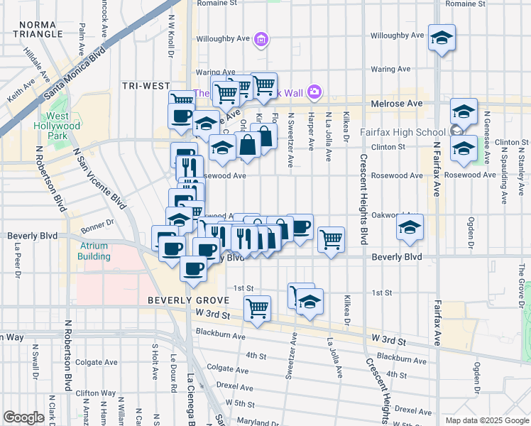 map of restaurants, bars, coffee shops, grocery stores, and more near 404 Kings Road in Los Angeles