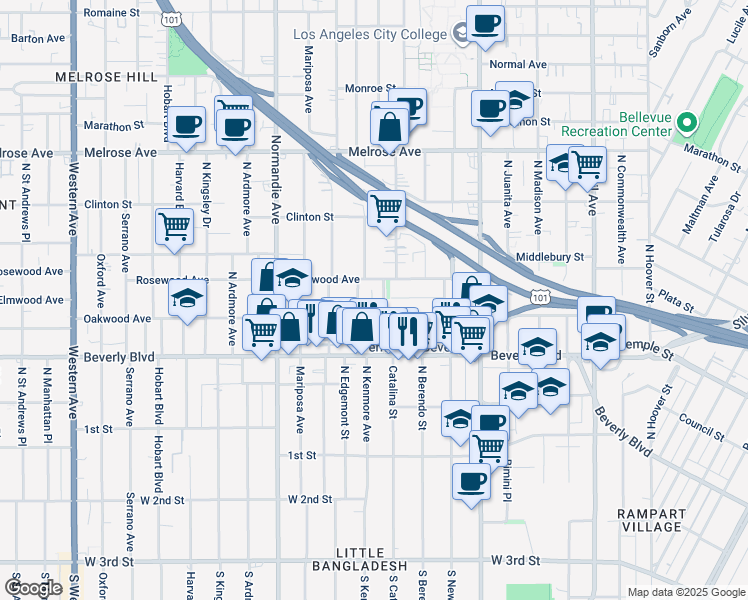 map of restaurants, bars, coffee shops, grocery stores, and more near 421 North Heliotrope Drive in Los Angeles