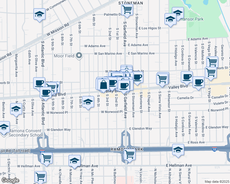 map of restaurants, bars, coffee shops, grocery stores, and more near 228 West Valley Boulevard in Alhambra