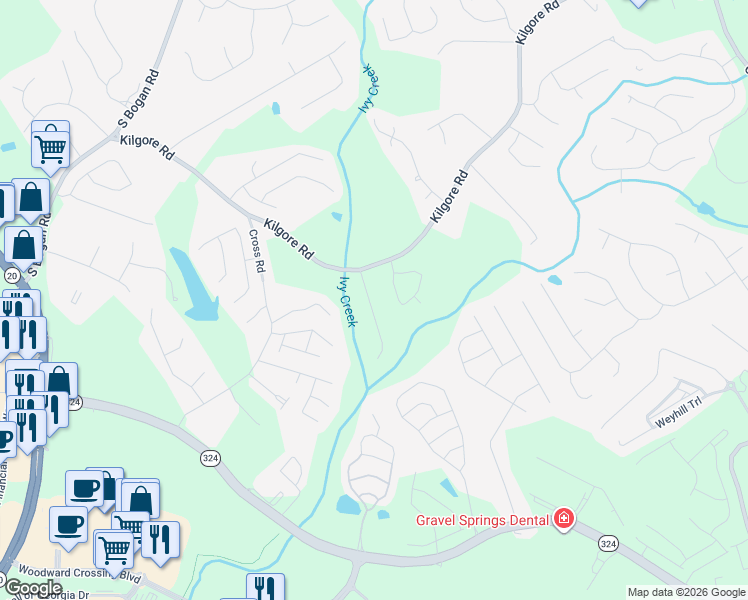 map of restaurants, bars, coffee shops, grocery stores, and more near 3613 Huddlestone Lane Northeast in Buford