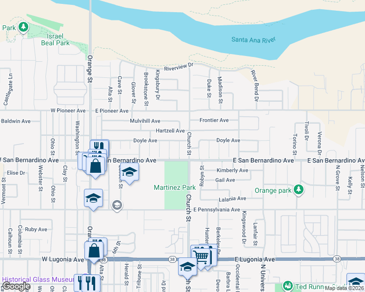 map of restaurants, bars, coffee shops, grocery stores, and more near 1631 Church Street in Redlands