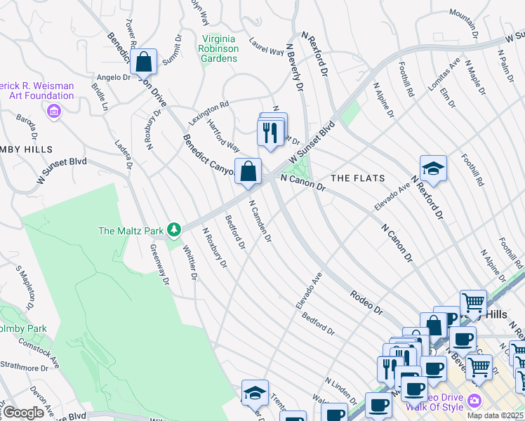 map of restaurants, bars, coffee shops, grocery stores, and more near 806 North Camden Drive in Beverly Hills