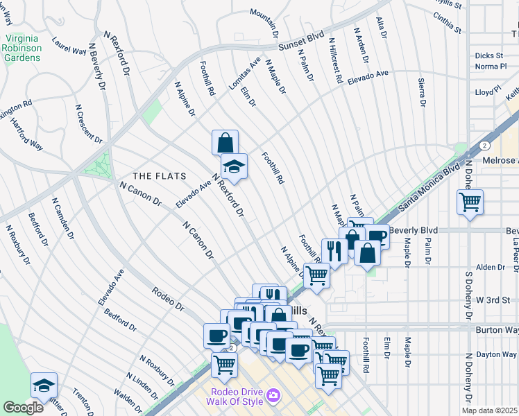 map of restaurants, bars, coffee shops, grocery stores, and more near 611 North Alpine Drive in Beverly Hills