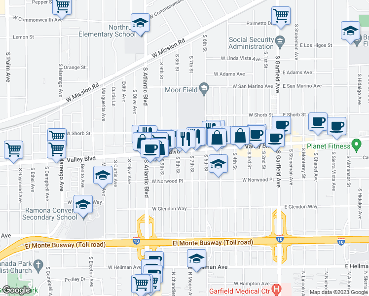 map of restaurants, bars, coffee shops, grocery stores, and more near 707 West Valley Boulevard in Alhambra