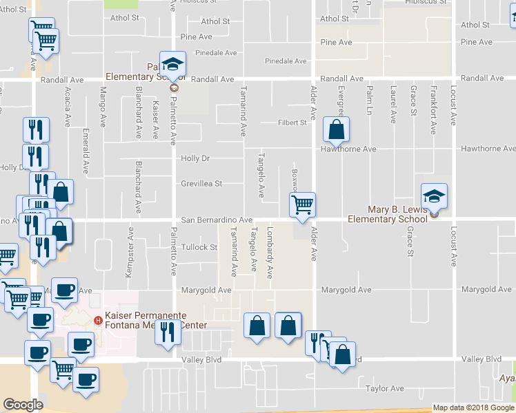 map of restaurants, bars, coffee shops, grocery stores, and more near 17541 Deodar Avenue in Fontana
