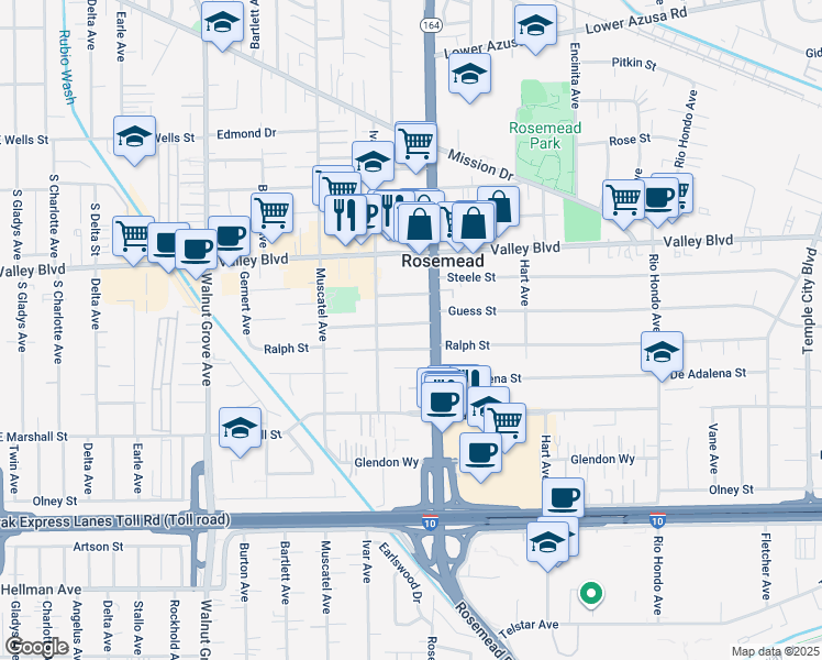 map of restaurants, bars, coffee shops, grocery stores, and more near 8938 Guess Street in Rosemead
