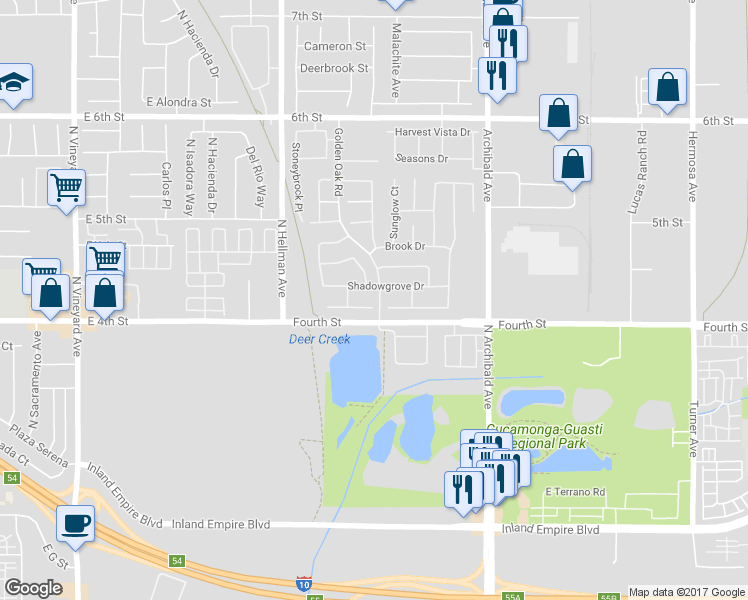 map of restaurants, bars, coffee shops, grocery stores, and more near 9467 Shadowgrove Drive in Rancho Cucamonga