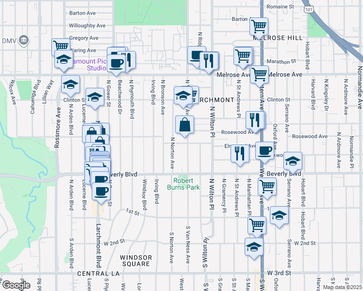map of restaurants, bars, coffee shops, grocery stores, and more near 5010 Elmwood Avenue in Los Angeles