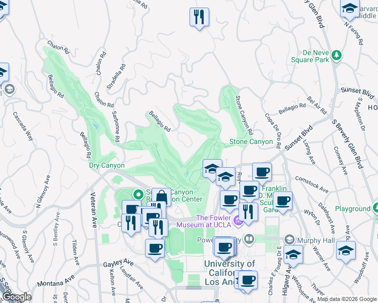 map of restaurants, bars, coffee shops, grocery stores, and more near 551 Perugia Way in Los Angeles