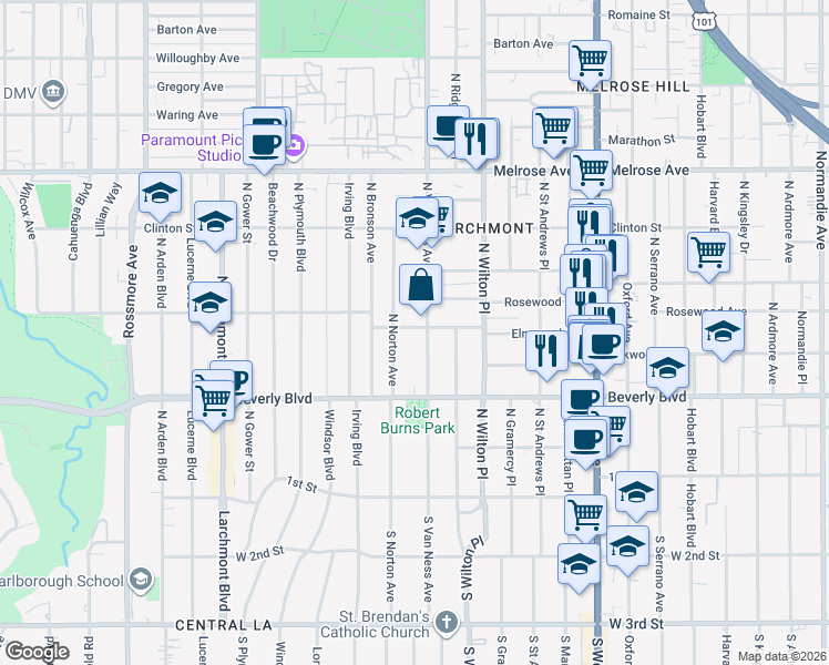 map of restaurants, bars, coffee shops, grocery stores, and more near 5010 Elmwood Avenue in Los Angeles