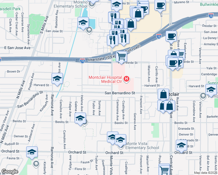 map of restaurants, bars, coffee shops, grocery stores, and more near 4883 Harvard Street in Montclair