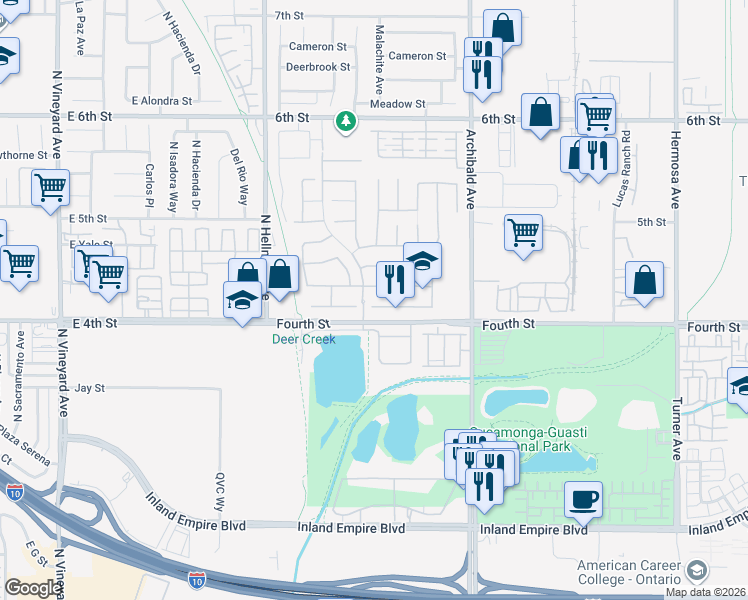 map of restaurants, bars, coffee shops, grocery stores, and more near 9512 Springbrook Drive in Rancho Cucamonga