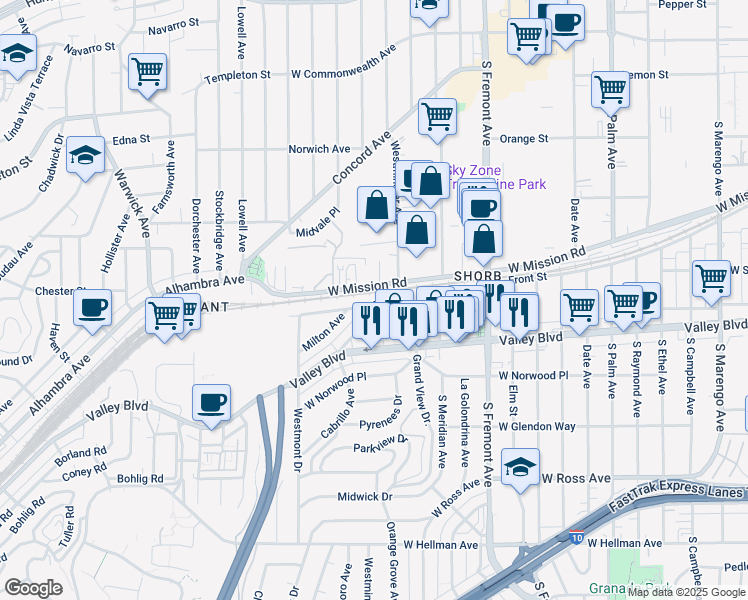 map of restaurants, bars, coffee shops, grocery stores, and more near 3001 Front Street in Alhambra