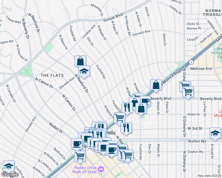 map of restaurants, bars, coffee shops, grocery stores, and more near 605 Foothill Road in Beverly Hills