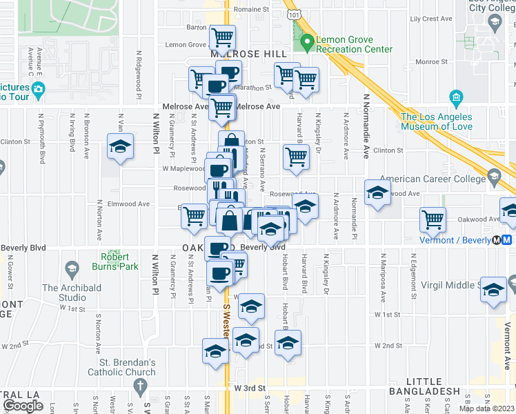 map of restaurants, bars, coffee shops, grocery stores, and more near 423 North Serrano Avenue in Los Angeles