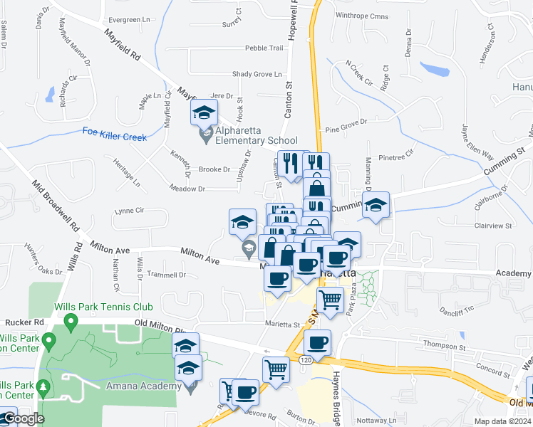 map of restaurants, bars, coffee shops, grocery stores, and more near 435 Rose Garden Lane in Alpharetta