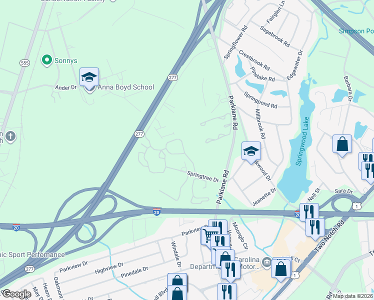 map of restaurants, bars, coffee shops, grocery stores, and more near 2227 Willow Oak Drive in Columbia