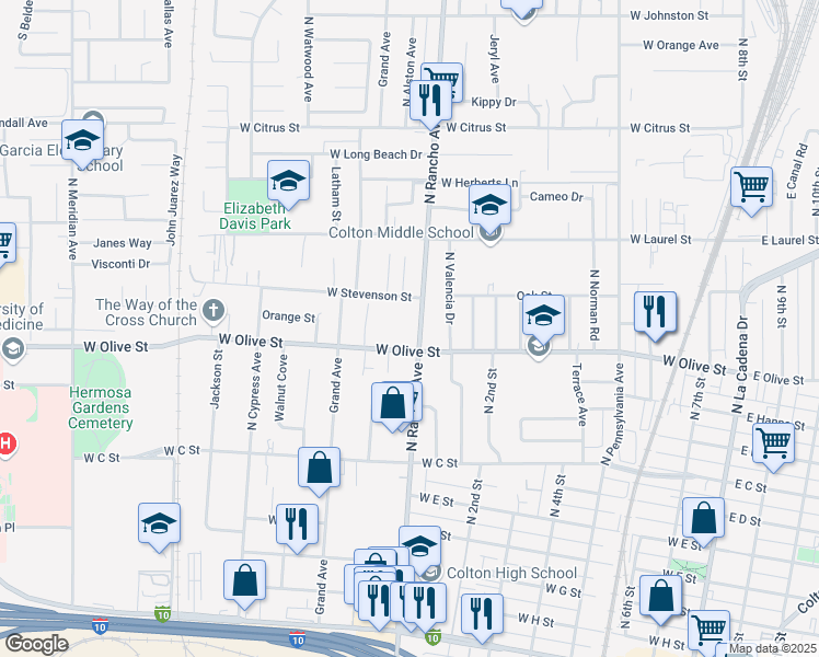 map of restaurants, bars, coffee shops, grocery stores, and more near 1147 North Rancho Avenue in Colton