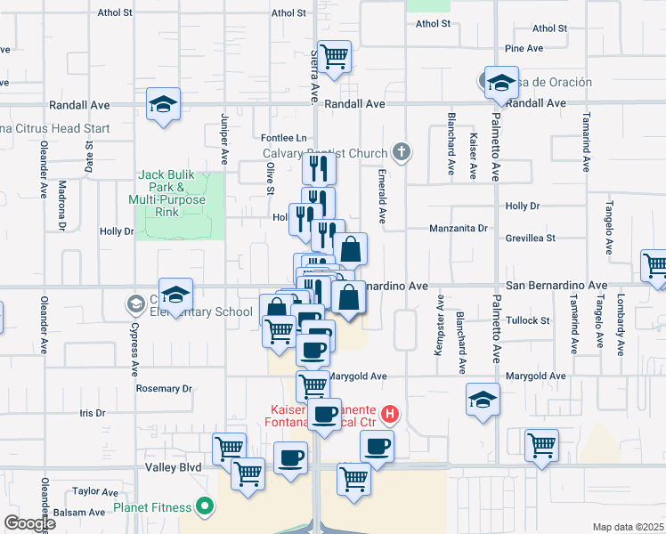 map of restaurants, bars, coffee shops, grocery stores, and more near 9673 Sierra Avenue in Fontana