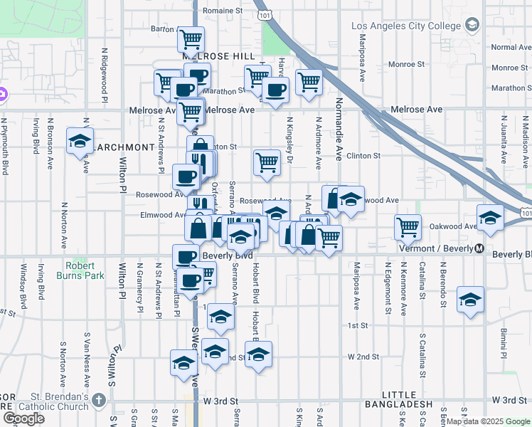 map of restaurants, bars, coffee shops, grocery stores, and more near 433 North Harvard Boulevard in Los Angeles