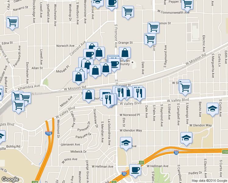 map of restaurants, bars, coffee shops, grocery stores, and more near 1313 Fremont Avenue in Alhambra