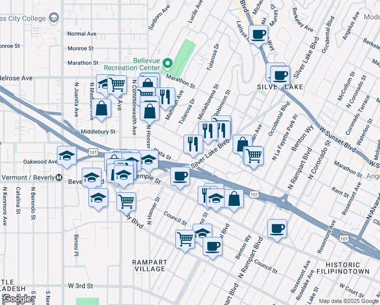 map of restaurants, bars, coffee shops, grocery stores, and more near 3311 London Street in Los Angeles