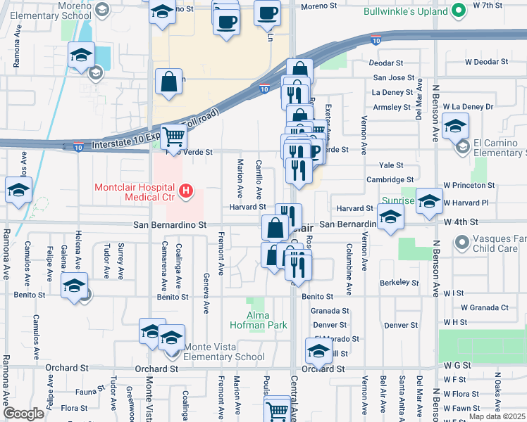 map of restaurants, bars, coffee shops, grocery stores, and more near 5215 Harvard Street in Montclair