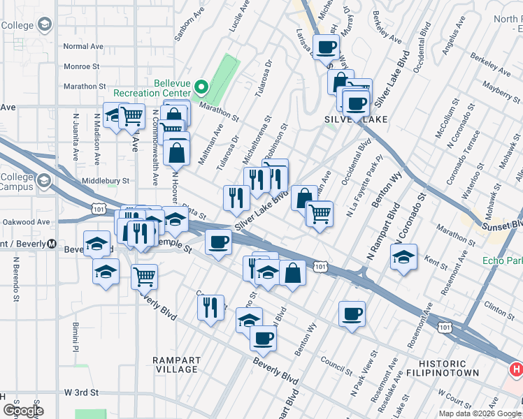 map of restaurants, bars, coffee shops, grocery stores, and more near 3201 Bellevue Avenue in Los Angeles