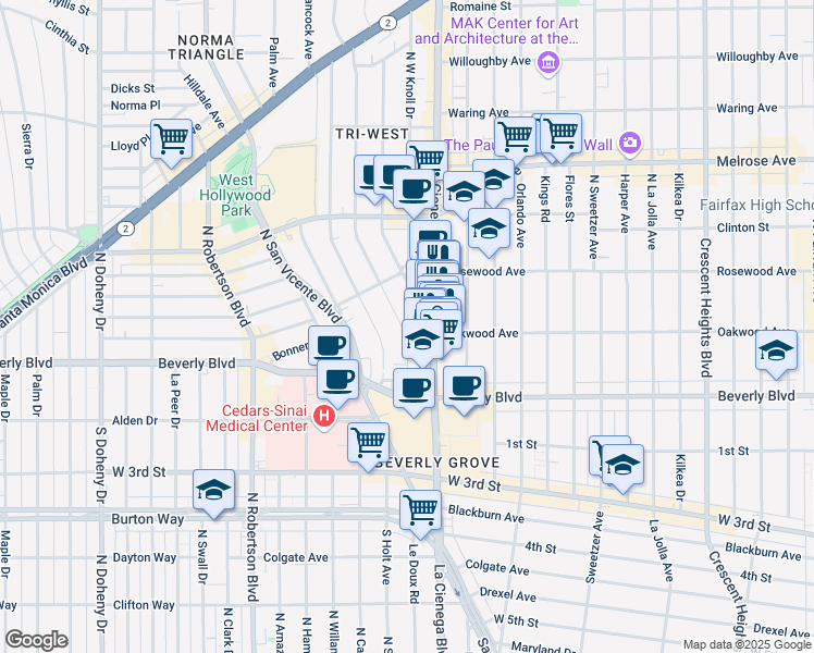 map of restaurants, bars, coffee shops, grocery stores, and more near 362 Westbourne Drive in West Hollywood