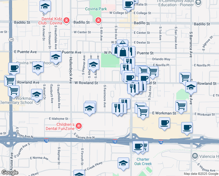 map of restaurants, bars, coffee shops, grocery stores, and more near 200 West Rowland Street in Covina