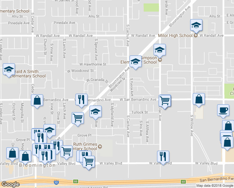 map of restaurants, bars, coffee shops, grocery stores, and more near 766 West Manzanita Street in Rialto