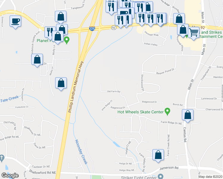 map of restaurants, bars, coffee shops, grocery stores, and more near 326 Old Farm Road in Woodstock