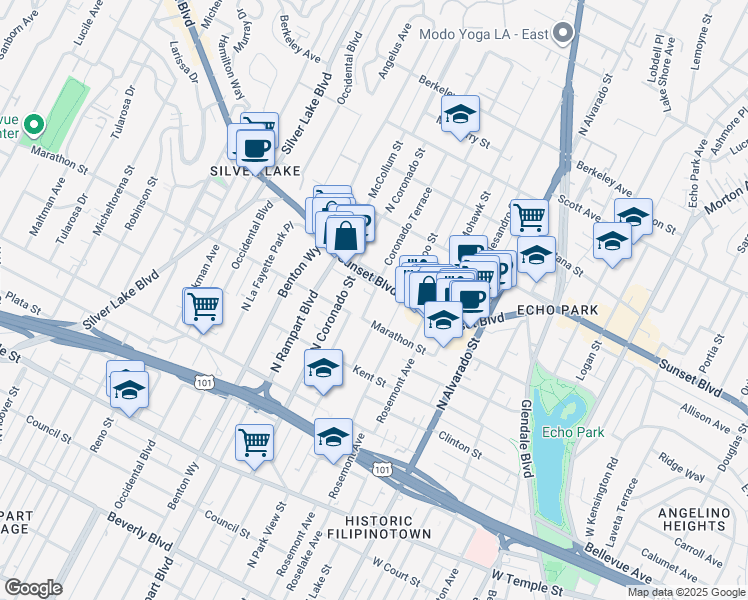 map of restaurants, bars, coffee shops, grocery stores, and more near 1024 Coronado Terrace in Los Angeles