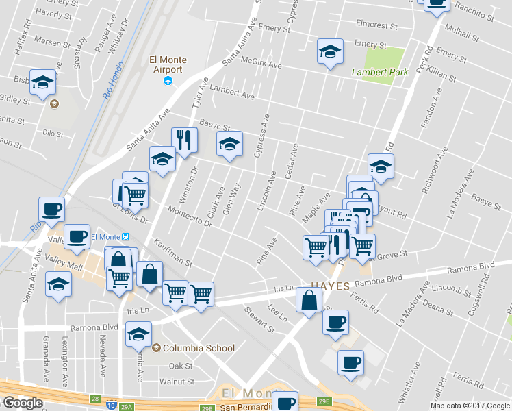 map of restaurants, bars, coffee shops, grocery stores, and more near 11218 Forest Grove Street in El Monte