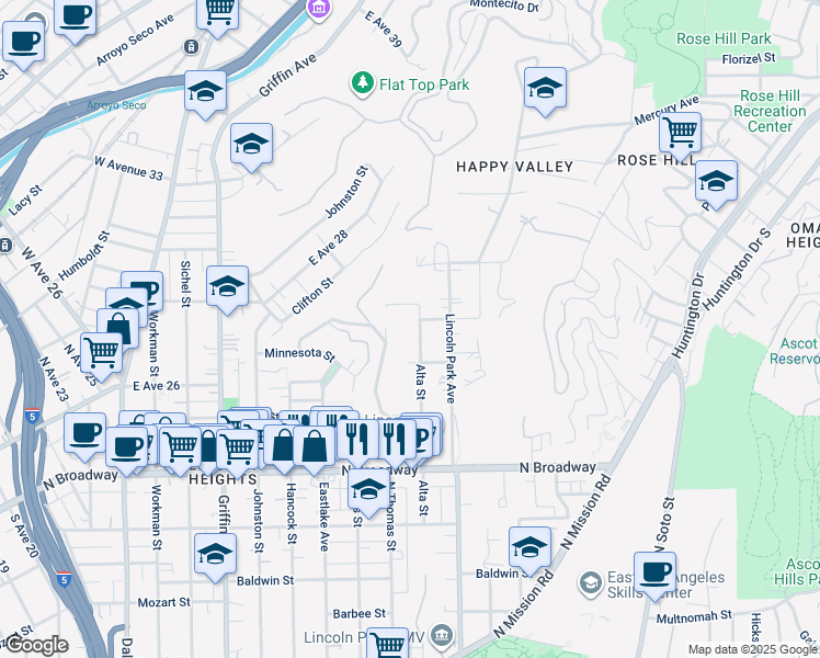 map of restaurants, bars, coffee shops, grocery stores, and more near 2737 Alta Street in Los Angeles