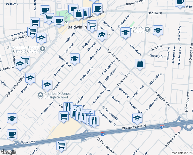 map of restaurants, bars, coffee shops, grocery stores, and more near 14573 Channing Street in Baldwin Park