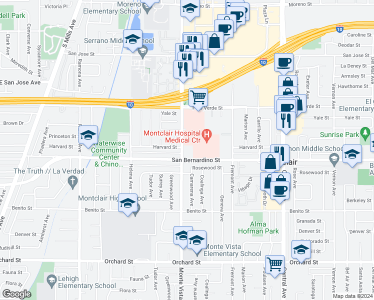 map of restaurants, bars, coffee shops, grocery stores, and more near 9685 Monte Vista Avenue in Montclair